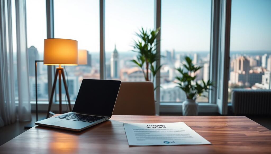 A modern, bright, and airy interior setting with a large window overlooking a cityscape. In the foreground, a wooden desk with a sleek laptop and documents labeled "Garantia Imobiliária". A warm table lamp casts a soft, diffused light across the scene. In the middle ground, a stylish chair and a potted plant, creating a cozy and professional atmosphere. The background features a panoramic view of a bustling urban landscape, with high-rise buildings and a clear blue sky. The overall mood is one of productivity, organization, and a sense of security associated with real estate investments. A modern, bright, and airy interior setting with a large window overlooking a cityscape. In the foreground, a wooden desk with a sleek laptop and documents labeled "Garantia Imobiliária". A warm table lamp casts a soft, diffused light across the scene. In the middle ground, a stylish chair and a potted plant, creating a cozy and professional atmosphere. The background features a panoramic view of a bustling urban landscape, with high-rise buildings and a clear blue sky. The overall mood is one of productivity, organization, and a sense of security associated with real estate investments.