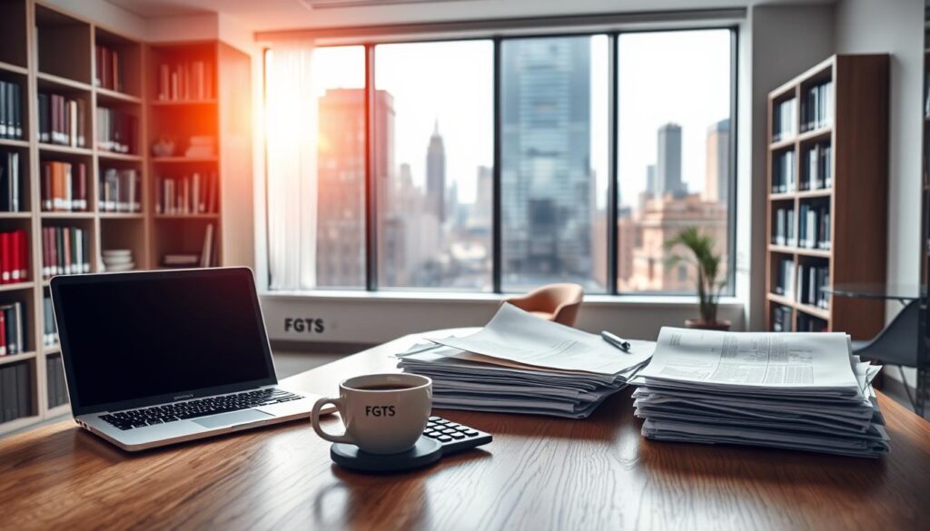 A modern, brightly-lit office interior with clean, minimalist design. In the foreground, a wooden desk with a laptop, a cup of coffee, and a calculator. On the desk, various documents and folders labeled "FGTS". In the middle ground, a large window overlooking a vibrant cityscape, casting warm, natural light into the space. In the background, bookcases filled with financial and legal reference materials. The overall mood is one of professionalism, efficiency, and a focus on understanding the intricacies of the FGTS system and its permitted uses, particularly for real estate purchases. A modern, brightly-lit office interior with clean, minimalist design. In the foreground, a wooden desk with a laptop, a cup of coffee, and a calculator. On the desk, various documents and folders labeled "FGTS". In the middle ground, a large window overlooking a vibrant cityscape, casting warm, natural light into the space. In the background, bookcases filled with financial and legal reference materials. The overall mood is one of professionalism, efficiency, and a focus on understanding the intricacies of the FGTS system and its permitted uses, particularly for real estate purchases.