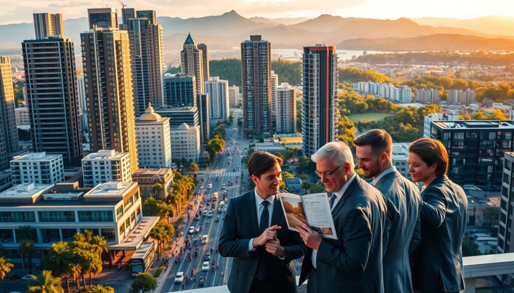A modern cityscape with towering skyscrapers and gleaming high-rise apartments, illuminated by warm, golden afternoon light. In the foreground, a group of well-dressed individuals examines a property listing, their expressions a mix of contemplation and excitement. The middle ground features a bustling street scene, with pedestrians and vehicles navigating the urban landscape. In the background, lush greenery and rolling hills provide a serene contrast to the dynamic city. The overall scene conveys a sense of growth, prosperity, and the complex interplay between real estate value and investment returns. A modern cityscape with towering skyscrapers and gleaming high-rise apartments, illuminated by warm, golden afternoon light. In the foreground, a group of well-dressed individuals examines a property listing, their expressions a mix of contemplation and excitement. The middle ground features a bustling street scene, with pedestrians and vehicles navigating the urban landscape. In the background, lush greenery and rolling hills provide a serene contrast to the dynamic city. The overall scene conveys a sense of growth, prosperity, and the complex interplay between real estate value and investment returns.