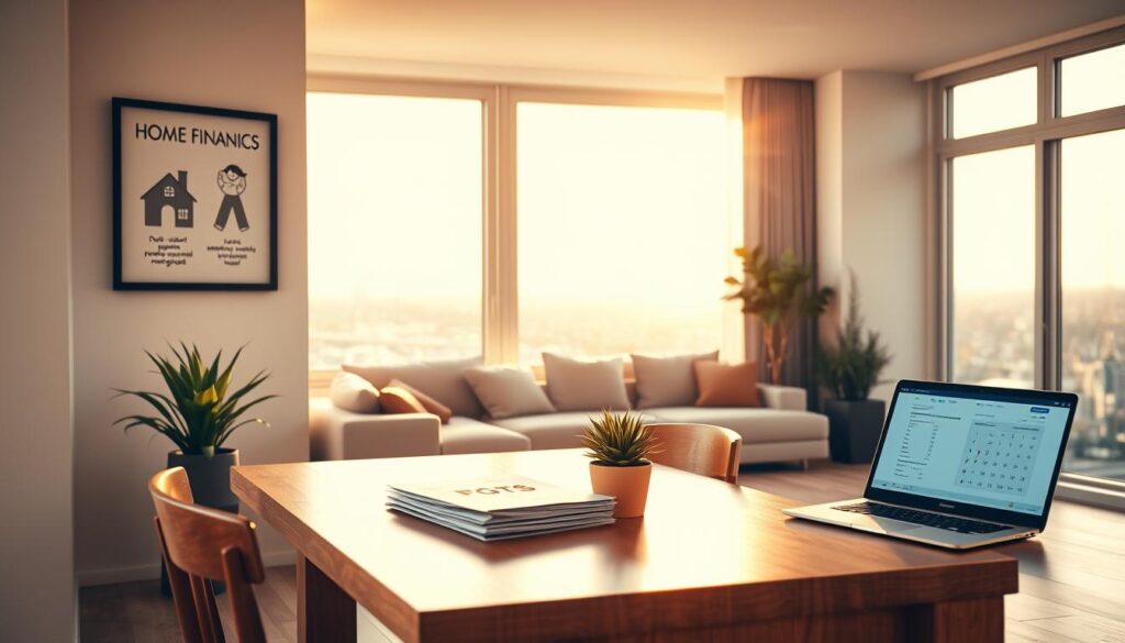 A modern, clean-lined apartment interior with large windows bathed in warm natural light. In the foreground, a wooden dining table and chairs, with a potted plant and a stack of documents labeled "FGTS" on the tabletop. On the walls, framed illustrations depict the benefits of using FGTS for home financing - reduced monthly payments, faster debt repayment, and greater financial flexibility. In the middle ground, a cozy living area with a plush sofa and a laptop open to a mortgage calculator. The background showcases a scenic cityscape, hinting at the potential for homeownership made more accessible through the FGTS program. A modern, clean-lined apartment interior with large windows bathed in warm natural light. In the foreground, a wooden dining table and chairs, with a potted plant and a stack of documents labeled "FGTS" on the tabletop. On the walls, framed illustrations depict the benefits of using FGTS for home financing - reduced monthly payments, faster debt repayment, and greater financial flexibility. In the middle ground, a cozy living area with a plush sofa and a laptop open to a mortgage calculator. The background showcases a scenic cityscape, hinting at the potential for homeownership made more accessible through the FGTS program.