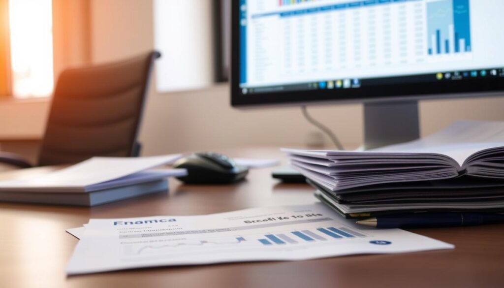 A modern, clean-looking workspace with a desk, computer monitor, and financial documents. The desk is made of dark wood, and the monitor displays a spreadsheet or financial analysis software. The lighting is warm and natural, coming from a window off-frame. The background is slightly blurred, suggesting an office environment. The focus is on the financial documents and the analysis being performed, conveying the process of credit assessment at Caixa Econômica Federal. A modern, clean-looking workspace with a desk, computer monitor, and financial documents. The desk is made of dark wood, and the monitor displays a spreadsheet or financial analysis software. The lighting is warm and natural, coming from a window off-frame. The background is slightly blurred, suggesting an office environment. The focus is on the financial documents and the analysis being performed, conveying the process of credit assessment at Caixa Econômica Federal.