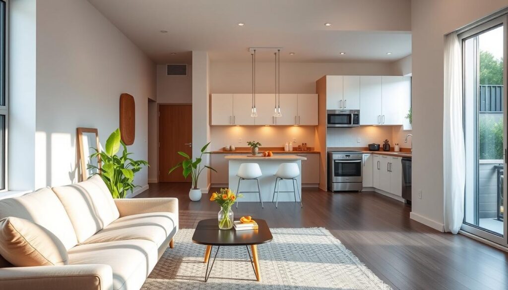 A modern, cozy apartment in the heart of Maringá, PR, with an abundance of natural light streaming through large windows. The living room features minimalist, Scandinavian-inspired furniture - a plush sofa, a sleek coffee table, and a lush, potted plant in the corner. The kitchen in the background showcases clean, white cabinetry and stainless steel appliances. Warm, ambient lighting gently illuminates the space, creating a welcoming atmosphere. The scene exudes a sense of comfort and practicality, perfect for a new home in the vibrant city of Maringá. A modern, cozy apartment in the heart of Maringá, PR, with an abundance of natural light streaming through large windows. The living room features minimalist, Scandinavian-inspired furniture - a plush sofa, a sleek coffee table, and a lush, potted plant in the corner. The kitchen in the background showcases clean, white cabinetry and stainless steel appliances. Warm, ambient lighting gently illuminates the space, creating a welcoming atmosphere. The scene exudes a sense of comfort and practicality, perfect for a new home in the vibrant city of Maringá.