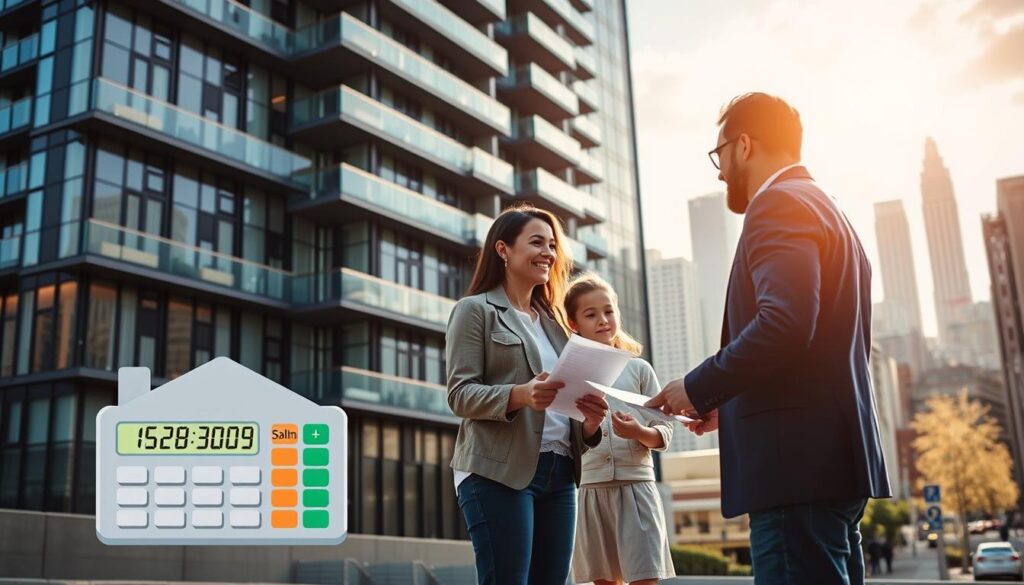 A modern high-rise apartment building, its sleek glass and steel facade gleaming in the afternoon sunlight. In the foreground, a family stands outside, examining paperwork and shaking hands with a real estate agent, their expressions a mix of excitement and apprehension. The middle ground features a stylized mortgage calculator, its digital readout displaying the key terms of the real estate financing. In the background, a cityscape of skyscrapers and bustling streets, conveying the dynamic urban environment in which this home purchase transaction is taking place. The overall scene evokes the process of securing real estate financing, a significant milestone in the journey of home ownership. A modern high-rise apartment building, its sleek glass and steel facade gleaming in the afternoon sunlight. In the foreground, a family stands outside, examining paperwork and shaking hands with a real estate agent, their expressions a mix of excitement and apprehension. The middle ground features a stylized mortgage calculator, its digital readout displaying the key terms of the real estate financing. In the background, a cityscape of skyscrapers and bustling streets, conveying the dynamic urban environment in which this home purchase transaction is taking place. The overall scene evokes the process of securing real estate financing, a significant milestone in the journey of home ownership.