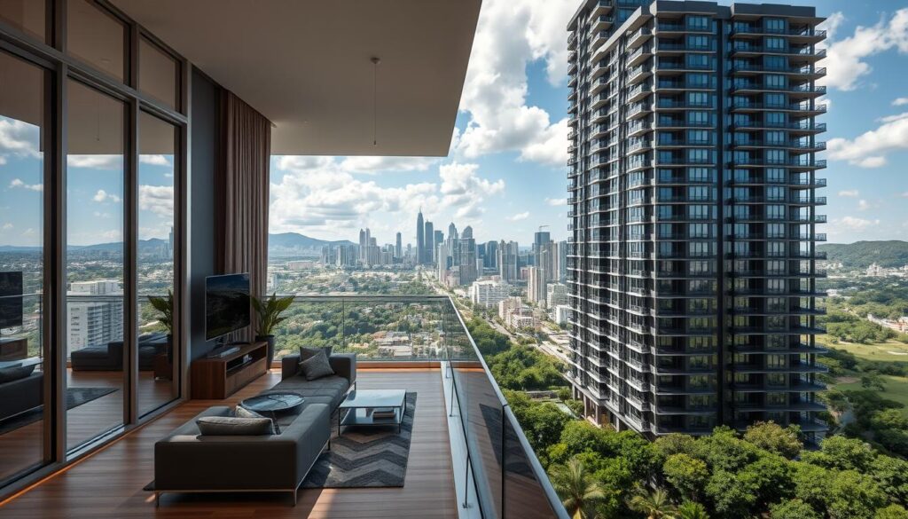 A modern high-rise apartment building set against a backdrop of the vibrant city of Maringá, Brazil. The foreground showcases a well-appointed apartment interior with large windows, sleek furnishings, and an abundance of natural light. The middle ground features a panoramic view of the city skyline, highlighting the potential for property value appreciation. The background depicts the lush, verdant landscape surrounding Maringá, a testament to the area's natural beauty and desirability. The overall scene conveys an atmosphere of urban sophistication, comfortable living, and promising investment opportunities. A modern high-rise apartment building set against a backdrop of the vibrant city of Maringá, Brazil. The foreground showcases a well-appointed apartment interior with large windows, sleek furnishings, and an abundance of natural light. The middle ground features a panoramic view of the city skyline, highlighting the potential for property value appreciation. The background depicts the lush, verdant landscape surrounding Maringá, a testament to the area's natural beauty and desirability. The overall scene conveys an atmosphere of urban sophistication, comfortable living, and promising investment opportunities.