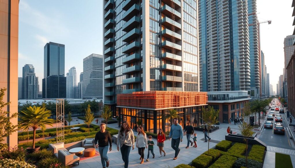 A modern, high-rise apartment building stands tall, its clean lines and sleek glass façade reflecting the city skyline. In the foreground, a family strolls through a well-manicured courtyard, enjoying the lush landscaping and inviting seating areas. The lighting is warm and natural, casting a subtle glow over the scene. The middle ground features a construction crew hard at work, meticulously overseeing the construction process to ensure safety and quality. In the background, a bustling city street bustles with activity, underscoring the prime location and desirability of this residential development. The overall mood conveys a sense of security, comfort, and pride in homeownership. A modern, high-rise apartment building stands tall, its clean lines and sleek glass façade reflecting the city skyline. In the foreground, a family strolls through a well-manicured courtyard, enjoying the lush landscaping and inviting seating areas. The lighting is warm and natural, casting a subtle glow over the scene. The middle ground features a construction crew hard at work, meticulously overseeing the construction process to ensure safety and quality. In the background, a bustling city street bustles with activity, underscoring the prime location and desirability of this residential development. The overall mood conveys a sense of security, comfort, and pride in homeownership.