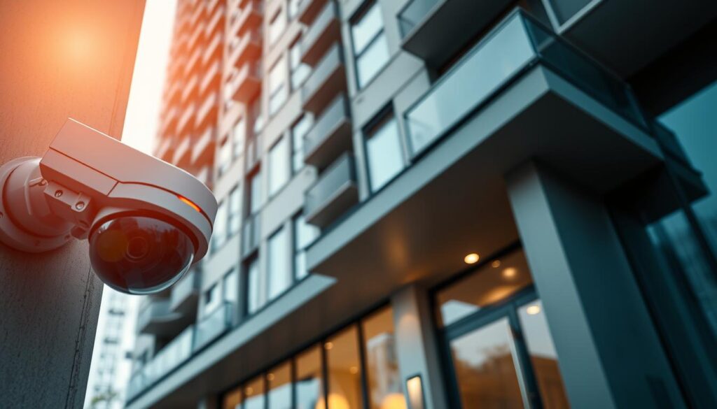 A modern high-rise apartment building, with a focus on the exterior facade and security features. The foreground features a close-up view of a security camera mounted on the wall, its red LED indicating it is active. The middle ground shows the building's entrance, with a large glass door and a security keypad. The background depicts the building's angular, contemporary design, with clean lines and a mix of glass and concrete. Warm, diffused lighting casts a welcoming glow, while the overall composition conveys a sense of safety and surveillance, highlighting the importance of evaluating a property's security before purchase. A modern high-rise apartment building, with a focus on the exterior facade and security features. The foreground features a close-up view of a security camera mounted on the wall, its red LED indicating it is active. The middle ground shows the building's entrance, with a large glass door and a security keypad. The background depicts the building's angular, contemporary design, with clean lines and a mix of glass and concrete. Warm, diffused lighting casts a welcoming glow, while the overall composition conveys a sense of safety and surveillance, highlighting the importance of evaluating a property's security before purchase.