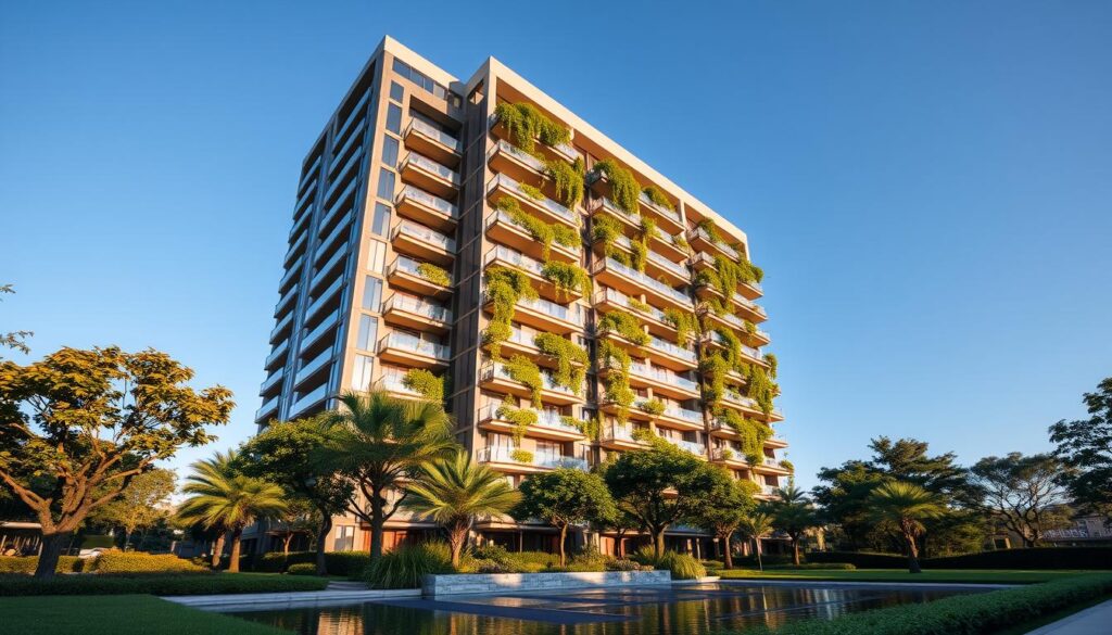A modern, high-rise apartment building with a sleek, glass facade stands prominently against a clear blue sky. Balconies with lush greenery cascade down the building's exterior, creating a harmonious blend of architecture and nature. In the foreground, well-manicured landscaping and a tranquil water feature invite residents to enjoy the serene outdoor spaces. The scene is illuminated by warm, directional lighting, casting subtle shadows and highlighting the building's architectural details. The composition conveys a sense of urban sophistication and the promise of comfortable, high-quality living - the essence of real estate development, or "incorporação imobiliária". A modern, high-rise apartment building with a sleek, glass facade stands prominently against a clear blue sky. Balconies with lush greenery cascade down the building's exterior, creating a harmonious blend of architecture and nature. In the foreground, well-manicured landscaping and a tranquil water feature invite residents to enjoy the serene outdoor spaces. The scene is illuminated by warm, directional lighting, casting subtle shadows and highlighting the building's architectural details. The composition conveys a sense of urban sophistication and the promise of comfortable, high-quality living - the essence of real estate development, or "incorporação imobiliária".