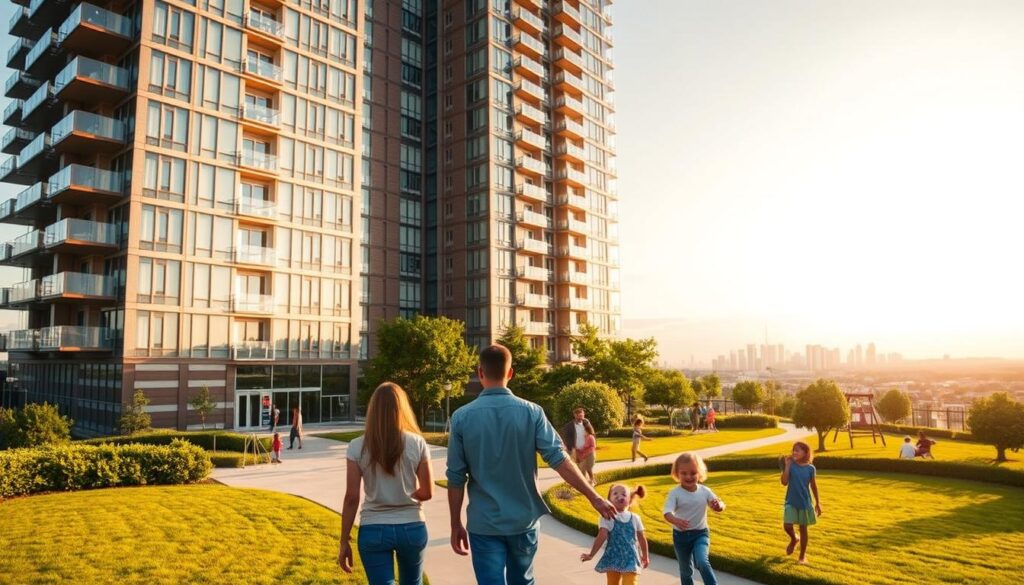 A modern high-rise apartment complex stands tall, its sleek glass facade gleaming in the warm, golden sunlight. In the foreground, a young family with children walks towards the entrance, their faces filled with hope and excitement. The middle ground features lush greenery, neatly manicured lawns, and a play area where children can be seen frolicking. In the background, the cityscape stretches out, a testament to the program's efforts to provide affordable housing solutions. The overall atmosphere conveys a sense of community, opportunity, and the promise of a better life for those who call this place home. A modern high-rise apartment complex stands tall, its sleek glass facade gleaming in the warm, golden sunlight. In the foreground, a young family with children walks towards the entrance, their faces filled with hope and excitement. The middle ground features lush greenery, neatly manicured lawns, and a play area where children can be seen frolicking. In the background, the cityscape stretches out, a testament to the program's efforts to provide affordable housing solutions. The overall atmosphere conveys a sense of community, opportunity, and the promise of a better life for those who call this place home.