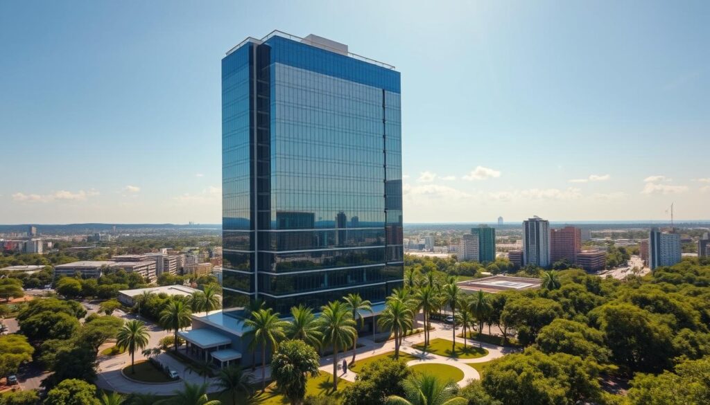 A modern high-rise building, the Unicesumar campus, stands prominently in the foreground, its sleek glass facade reflecting the bright Maringá sunlight. The building is surrounded by lush greenery, with palm trees and neatly manicured landscaping in the middle ground. In the background, the vibrant city of Maringá can be seen, with its bustling streets and other residential and commercial structures. The scene conveys a sense of progress, security, and efficiency, perfectly capturing the essence of choosing a safe and well-designed real estate development in this thriving Brazilian city. A modern high-rise building, the Unicesumar campus, stands prominently in the foreground, its sleek glass facade reflecting the bright Maringá sunlight. The building is surrounded by lush greenery, with palm trees and neatly manicured landscaping in the middle ground. In the background, the vibrant city of Maringá can be seen, with its bustling streets and other residential and commercial structures. The scene conveys a sense of progress, security, and efficiency, perfectly capturing the essence of choosing a safe and well-designed real estate development in this thriving Brazilian city.