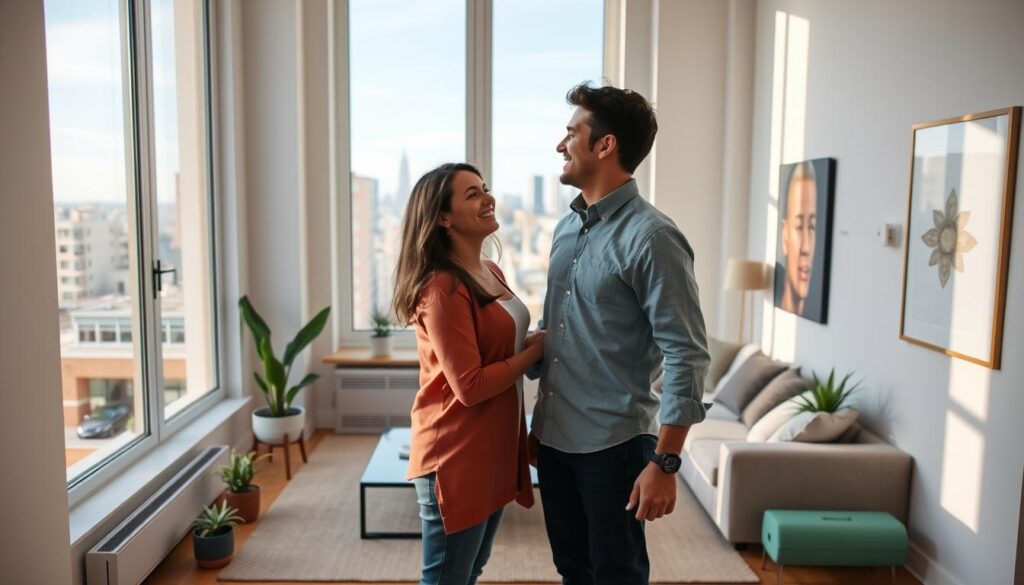 A modern, light-filled apartment interior with tall windows, clean lines, and a warm, inviting atmosphere. In the foreground, a young couple standing together, their expressions hopeful and excited as they admire their new home. The middle ground features tasteful home decor elements like potted plants, a sleek coffee table, and minimalist artwork on the walls. The background showcases a scenic urban view outside, with the city skyline visible in the distance. The overall scene conveys the joy and fulfillment of achieving the dream of homeownership with the help of FGTS funds. A modern, light-filled apartment interior with tall windows, clean lines, and a warm, inviting atmosphere. In the foreground, a young couple standing together, their expressions hopeful and excited as they admire their new home. The middle ground features tasteful home decor elements like potted plants, a sleek coffee table, and minimalist artwork on the walls. The background showcases a scenic urban view outside, with the city skyline visible in the distance. The overall scene conveys the joy and fulfillment of achieving the dream of homeownership with the help of FGTS funds.