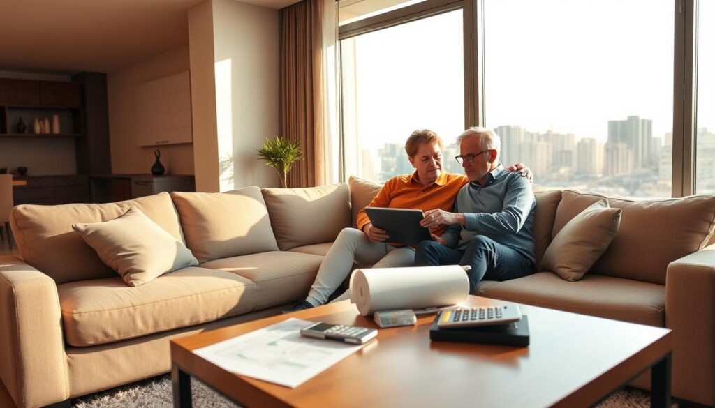 A modern living room interior with a large window overlooking a cityscape. A middle-aged couple sits on a plush, L-shaped sofa, engaged in a serious discussion over a tablet or laptop on the coffee table. The room is bathed in warm, natural lighting, creating a sense of comfort and tranquility. Subtle financial documents and a calculator are visible on the table, hinting at the topic of real estate financing. The overall atmosphere conveys the contemplation and importance of the "entrada no financiamento imobiliário" - the down payment required for a property purchase. A modern living room interior with a large window overlooking a cityscape. A middle-aged couple sits on a plush, L-shaped sofa, engaged in a serious discussion over a tablet or laptop on the coffee table. The room is bathed in warm, natural lighting, creating a sense of comfort and tranquility. Subtle financial documents and a calculator are visible on the table, hinting at the topic of real estate financing. The overall atmosphere conveys the contemplation and importance of the "entrada no financiamento imobiliário" - the down payment required for a property purchase.