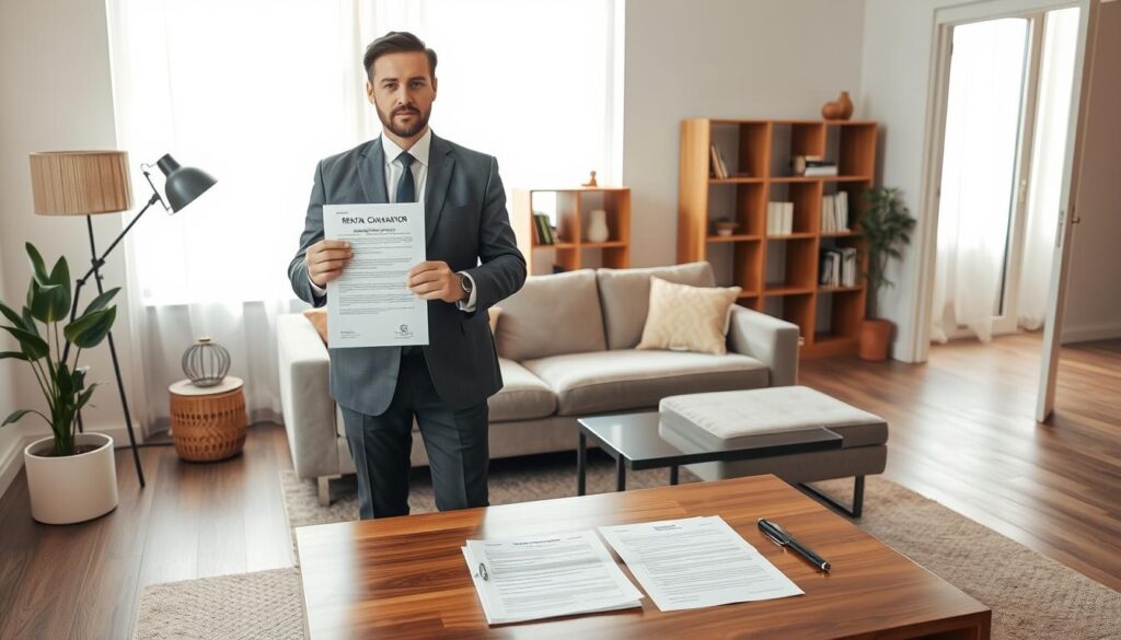 A modern living room setting with a cozy, inviting atmosphere. In the foreground, a well-dressed person representing the guarantor or "fiador" stands confidently, holding a document that represents the rental requirements. Behind them, a coffee table displays a few key documents, such as a rental contract and identification papers. The middle ground showcases a comfortable sofa and a bookshelf, suggesting a sense of stability and responsibility. The background features a large window, allowing natural light to flood the space and creating a warm, welcoming ambiance. The overall composition conveys the essential elements needed to be a rental guarantor, with a focus on professionalism, organization, and a secure living environment. A modern living room setting with a cozy, inviting atmosphere. In the foreground, a well-dressed person representing the guarantor or "fiador" stands confidently, holding a document that represents the rental requirements. Behind them, a coffee table displays a few key documents, such as a rental contract and identification papers. The middle ground showcases a comfortable sofa and a bookshelf, suggesting a sense of stability and responsibility. The background features a large window, allowing natural light to flood the space and creating a warm, welcoming ambiance. The overall composition conveys the essential elements needed to be a rental guarantor, with a focus on professionalism, organization, and a secure living environment.