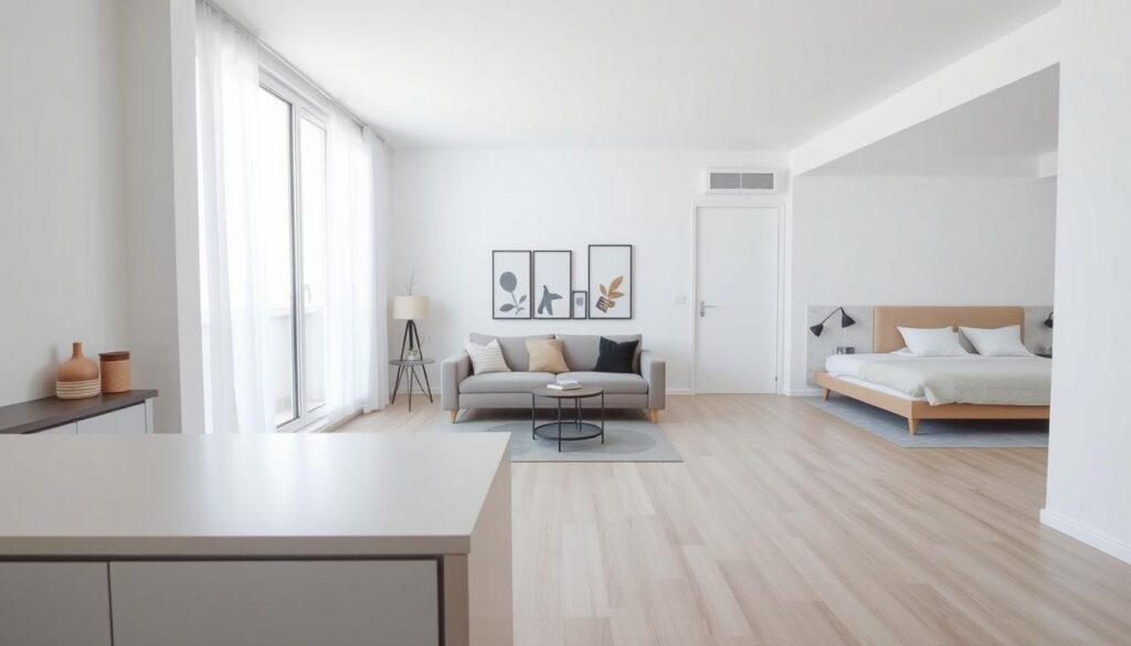 A modern, minimalist apartment interior with a clear sense of openness and minimized clutter. The foreground showcases a sleek, unobstructed kitchenette with clean lines and an abundance of natural light streaming in through large windows. The middle ground features a spacious, airy living area with a neutral-toned sofa and a few carefully selected decor pieces. The background reveals a serene, uncluttered bedroom area with a neatly made bed and muted colors that create a calm, tranquil ambiance. The overall scene conveys a sense of openness, clarity, and tranquility, capturing the essence of "liquidez e vacância" in a visually appealing way. A modern, minimalist apartment interior with a clear sense of openness and minimized clutter. The foreground showcases a sleek, unobstructed kitchenette with clean lines and an abundance of natural light streaming in through large windows. The middle ground features a spacious, airy living area with a neutral-toned sofa and a few carefully selected decor pieces. The background reveals a serene, uncluttered bedroom area with a neatly made bed and muted colors that create a calm, tranquil ambiance. The overall scene conveys a sense of openness, clarity, and tranquility, capturing the essence of "liquidez e vacância" in a visually appealing way.