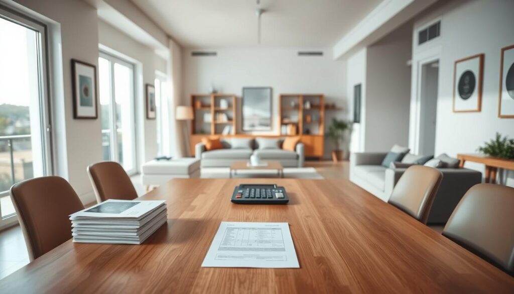 A modern, minimalist apartment interior with ample natural light streaming through large windows. In the foreground, a sleek, wooden dining table is the central focus, with a stack of papers and a calculator placed atop, symbolizing financial planning and budgeting. Framing the table, comfortable yet stylish chairs invite the viewer to sit and envision the process of utilizing FGTS funds for a home purchase. The middle ground features a spacious living area with clean-lined furniture, creating a sense of openness and tranquility. In the background, bookshelves and artwork adorn the walls, adding depth and a touch of sophistication to the scene. The overall mood is one of calm, organized efficiency, reflecting the thoughtful consideration of using FGTS for a home investment. A modern, minimalist apartment interior with ample natural light streaming through large windows. In the foreground, a sleek, wooden dining table is the central focus, with a stack of papers and a calculator placed atop, symbolizing financial planning and budgeting. Framing the table, comfortable yet stylish chairs invite the viewer to sit and envision the process of utilizing FGTS funds for a home purchase. The middle ground features a spacious living area with clean-lined furniture, creating a sense of openness and tranquility. In the background, bookshelves and artwork adorn the walls, adding depth and a touch of sophistication to the scene. The overall mood is one of calm, organized efficiency, reflecting the thoughtful consideration of using FGTS for a home investment.
