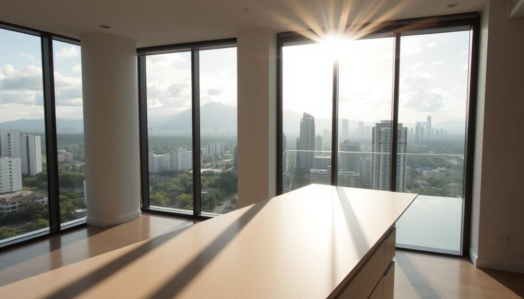 A modern, minimalist apartment interior with large windows overlooking the city of Maringá. Sunlight streams in, illuminating a sleek kitchen counter with a digital display showing the price per square meter. The counter is made of a neutral stone or quartz material, with clean lines and a simple, elegant design. In the background, the cityscape of Maringá can be seen through the windows, with lush greenery and high-rise buildings. The scene conveys a sense of luxury, comfort, and attention to detail, reflecting the value and investment potential of real estate in this vibrant Brazilian city. A modern, minimalist apartment interior with large windows overlooking the city of Maringá. Sunlight streams in, illuminating a sleek kitchen counter with a digital display showing the price per square meter. The counter is made of a neutral stone or quartz material, with clean lines and a simple, elegant design. In the background, the cityscape of Maringá can be seen through the windows, with lush greenery and high-rise buildings. The scene conveys a sense of luxury, comfort, and attention to detail, reflecting the value and investment potential of real estate in this vibrant Brazilian city.