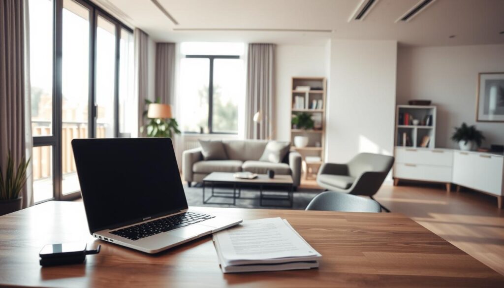 A modern, minimalist apartment interior with natural lighting streaming through large windows. In the foreground, a desk with a laptop and documents neatly arranged, representing the worker's requirements. In the middle ground, a couch and armchair, signifying the living space. In the background, bookshelves and artwork, hinting at the personal touches of the homeowner. The scene conveys a sense of comfort, productivity, and financial security, aligning with the usage of FGTS for a personal residence purchase. A modern, minimalist apartment interior with natural lighting streaming through large windows. In the foreground, a desk with a laptop and documents neatly arranged, representing the worker's requirements. In the middle ground, a couch and armchair, signifying the living space. In the background, bookshelves and artwork, hinting at the personal touches of the homeowner. The scene conveys a sense of comfort, productivity, and financial security, aligning with the usage of FGTS for a personal residence purchase.