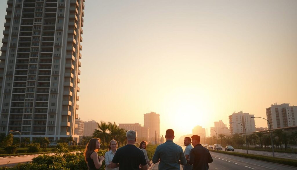A modern, minimalist cityscape with a focus on a towering residential building, casting long shadows under a hazy, golden-hour sky. In the foreground, a group of concerned-looking people gather, gesturing animatedly, suggesting a sense of unease or negotiation. The middle ground features a mix of well-manicured greenery and a busy street, hinting at the urban setting. The background should include additional residential and commercial structures, conveying a sense of the Maringá real estate landscape. The overall mood should be one of tension and uncertainty, reflecting the risks and challenges of renting directly from a property owner. A modern, minimalist cityscape with a focus on a towering residential building, casting long shadows under a hazy, golden-hour sky. In the foreground, a group of concerned-looking people gather, gesturing animatedly, suggesting a sense of unease or negotiation. The middle ground features a mix of well-manicured greenery and a busy street, hinting at the urban setting. The background should include additional residential and commercial structures, conveying a sense of the Maringá real estate landscape. The overall mood should be one of tension and uncertainty, reflecting the risks and challenges of renting directly from a property owner.