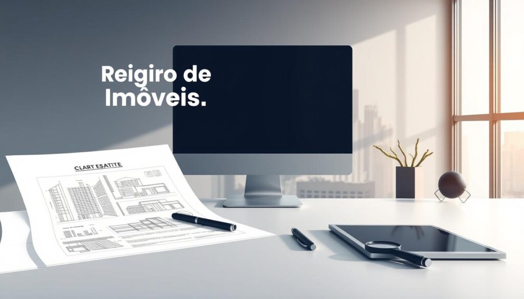 A modern, minimalist illustration depicting the distinction between "registro de imóveis" and "averbação". In the foreground, crisp architectural blueprints and a computer monitor display technical real estate documents. The middle ground features a sleek, contemporary office desk with a pen, magnifying glass, and tablet. In the background, a window overlooks an urban skyline bathed in soft, natural lighting. The overall mood is one of precision, professionalism, and the nuances of property record-keeping. A modern, minimalist illustration depicting the distinction between "registro de imóveis" and "averbação". In the foreground, crisp architectural blueprints and a computer monitor display technical real estate documents. The middle ground features a sleek, contemporary office desk with a pen, magnifying glass, and tablet. In the background, a window overlooks an urban skyline bathed in soft, natural lighting. The overall mood is one of precision, professionalism, and the nuances of property record-keeping.