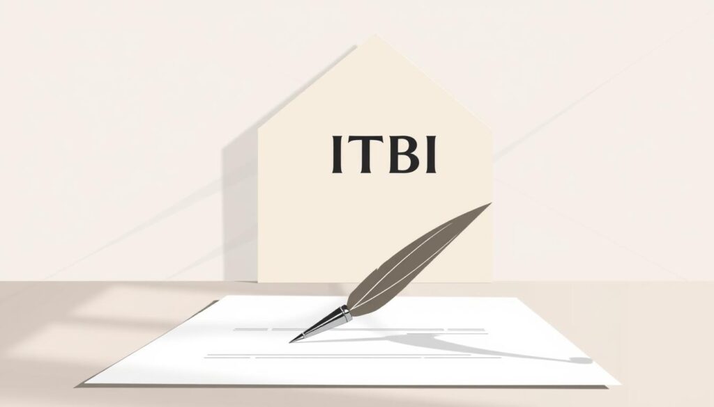 A modern, minimalist illustration depicting the relationship between ITBI (property transfer tax) and public deed. In the foreground, an elegant quill pen rests on a crisp, white document, symbolizing the act of signing an official legal document. Behind it, a clean, geometric shape in a neutral, earthy tone represents the ITBI, the tax paid during the property transfer process. In the background, a subtle pattern of intersecting lines creates a sense of depth and formal structure, evoking the legal framework surrounding real estate transactions. The overall composition conveys a sense of professionalism, precision, and the importance of adhering to proper legal procedures. Soft, diffused lighting casts gentle shadows, adding depth and dimension to the scene. A modern, minimalist illustration depicting the relationship between ITBI (property transfer tax) and public deed. In the foreground, an elegant quill pen rests on a crisp, white document, symbolizing the act of signing an official legal document. Behind it, a clean, geometric shape in a neutral, earthy tone represents the ITBI, the tax paid during the property transfer process. In the background, a subtle pattern of intersecting lines creates a sense of depth and formal structure, evoking the legal framework surrounding real estate transactions. The overall composition conveys a sense of professionalism, precision, and the importance of adhering to proper legal procedures. Soft, diffused lighting casts gentle shadows, adding depth and dimension to the scene.
