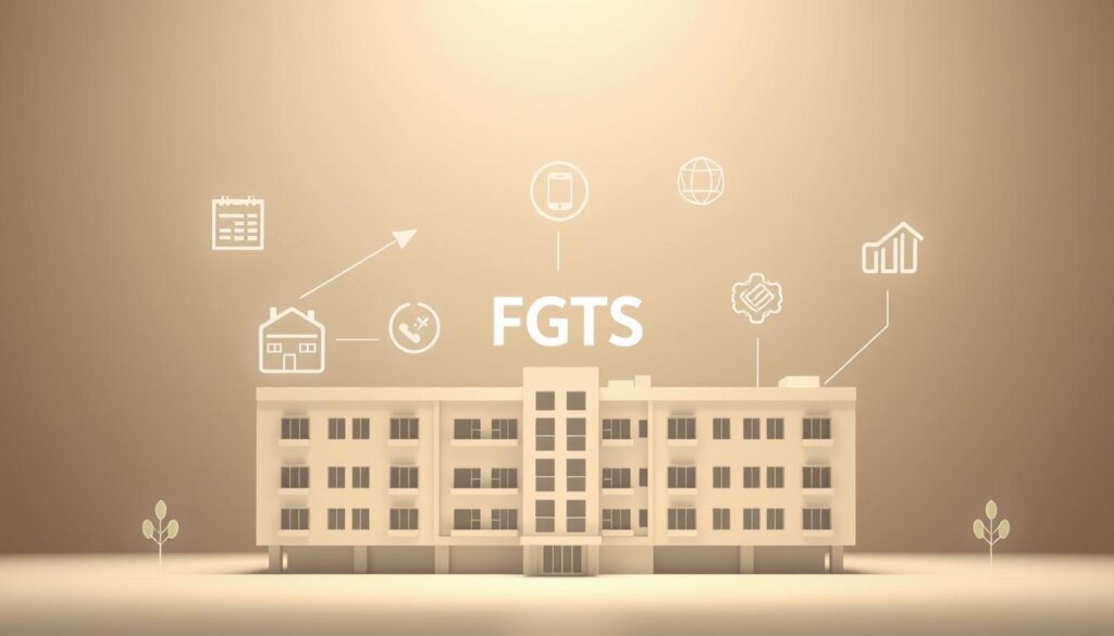 A modern, minimalist illustration of the FGTS (Fundo de Garantia do Tempo de Serviço) and its role in real estate financing. In the foreground, a clean, architectural rendering of a stylized apartment building, with clean lines and geometric shapes. In the middle ground, abstract financial icons and symbols represent the FGTS, its functionality, and the process of using it to purchase a home. In the background, a subtle gradient or pattern evokes a sense of structure, stability, and professionalism. The overall mood is one of clarity, efficiency, and confidence in the FGTS as a tool for homeownership. Lighting is soft and uniform, with a slight ambient glow. The camera angle is slightly elevated, creating a sense of authority and significance. A modern, minimalist illustration of the FGTS (Fundo de Garantia do Tempo de Serviço) and its role in real estate financing. In the foreground, a clean, architectural rendering of a stylized apartment building, with clean lines and geometric shapes. In the middle ground, abstract financial icons and symbols represent the FGTS, its functionality, and the process of using it to purchase a home. In the background, a subtle gradient or pattern evokes a sense of structure, stability, and professionalism. The overall mood is one of clarity, efficiency, and confidence in the FGTS as a tool for homeownership. Lighting is soft and uniform, with a slight ambient glow. The camera angle is slightly elevated, creating a sense of authority and significance.