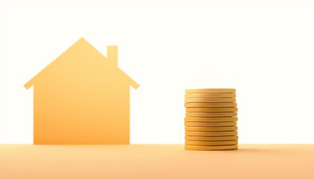 A modern, minimalist illustration of the concept of "entrada" (downpayment) for a real estate purchase. In the foreground, a house silhouette in warm tones, subtly hinting at the idea of a home. In the middle ground, a stack of gold coins, representing the downpayment, casting a soft, diffused glow. The background is a clean, abstract gradient, creating a sense of depth and emphasis on the central elements. The overall composition is balanced, with a calm, contemplative atmosphere, conveying the importance of the downpayment in the home-buying process. A modern, minimalist illustration of the concept of "entrada" (downpayment) for a real estate purchase. In the foreground, a house silhouette in warm tones, subtly hinting at the idea of a home. In the middle ground, a stack of gold coins, representing the downpayment, casting a soft, diffused glow. The background is a clean, abstract gradient, creating a sense of depth and emphasis on the central elements. The overall composition is balanced, with a calm, contemplative atmosphere, conveying the importance of the downpayment in the home-buying process.