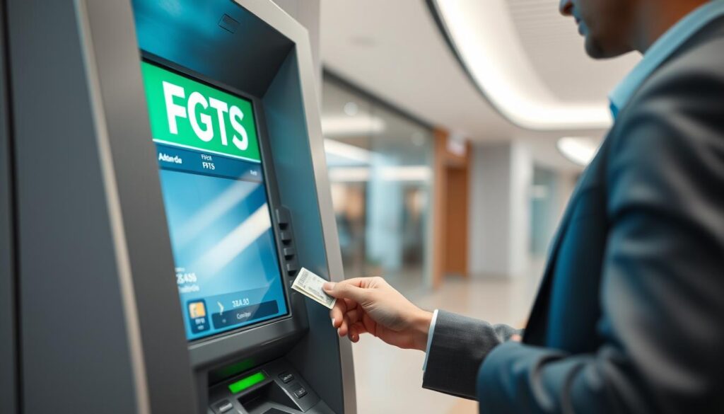 A modern, minimalist image of a person using an ATM machine to withdraw cash from their FGTS (Fundo de Garantia do Tempo de Serviço) account. The scene is set in a clean, well-lit banking hall with a sleek, contemporary design. The person is dressed in professional attire, focused on the transaction at hand. The background is blurred, emphasizing the subject. The lighting is soft and natural, creating a sense of calm and efficiency. The composition is balanced, with the ATM machine and the person's hand taking up the central focus. The overall mood is one of financial responsibility and prudent use of one's FGTS funds. A modern, minimalist image of a person using an ATM machine to withdraw cash from their FGTS (Fundo de Garantia do Tempo de Serviço) account. The scene is set in a clean, well-lit banking hall with a sleek, contemporary design. The person is dressed in professional attire, focused on the transaction at hand. The background is blurred, emphasizing the subject. The lighting is soft and natural, creating a sense of calm and efficiency. The composition is balanced, with the ATM machine and the person's hand taking up the central focus. The overall mood is one of financial responsibility and prudent use of one's FGTS funds.