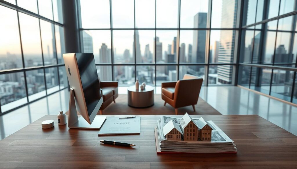 A modern, minimalist real estate office interior with large windows overlooking a cityscape. In the foreground, a clean wooden desk with a desktop computer, a pen and paper, and a few architectural models. The middle ground features comfortable leather chairs and a coffee table with finance-related magazines. The background showcases a city skyline with towering skyscrapers, reflecting the wealth and prosperity of the real estate industry. The lighting is soft and warm, creating a professional yet inviting atmosphere. The overall mood is one of stability, growth, and the expertise required for successful real estate financing. A modern, minimalist real estate office interior with large windows overlooking a cityscape. In the foreground, a clean wooden desk with a desktop computer, a pen and paper, and a few architectural models. The middle ground features comfortable leather chairs and a coffee table with finance-related magazines. The background showcases a city skyline with towering skyscrapers, reflecting the wealth and prosperity of the real estate industry. The lighting is soft and warm, creating a professional yet inviting atmosphere. The overall mood is one of stability, growth, and the expertise required for successful real estate financing.