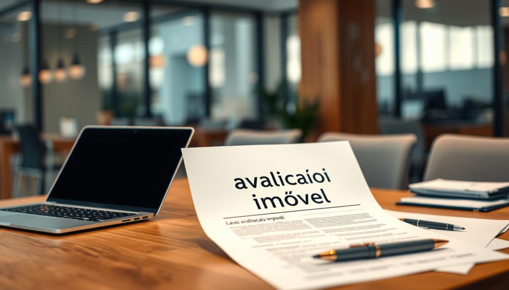 A modern office interior, with a focus on a wooden desk featuring a real estate evaluation report titled "laudo avaliação imóvel". The report is surrounded by a laptop, a pen, and documents, conveying a professional, financial atmosphere. Soft, warm lighting illuminates the scene, creating a sense of authority and importance. The background is blurred, emphasizing the central object - the evaluation report, which symbolizes the crucial role of the Caixa bank's property assessment in the mortgage financing process. A modern office interior, with a focus on a wooden desk featuring a real estate evaluation report titled "laudo avaliação imóvel". The report is surrounded by a laptop, a pen, and documents, conveying a professional, financial atmosphere. Soft, warm lighting illuminates the scene, creating a sense of authority and importance. The background is blurred, emphasizing the central object - the evaluation report, which symbolizes the crucial role of the Caixa bank's property assessment in the mortgage financing process.