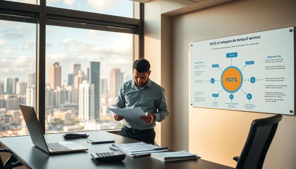 A modern office interior with a large window overlooking a vibrant city skyline. In the foreground, an ergonomic desk with a laptop, a calculator, and neatly organized files. The middle ground features a worker examining documents, concentrating intently. The background showcases a wall-mounted display showing a detailed diagram explaining the mechanics of the FGTS (Fundo de Garantia do Tempo de Serviço), Brazil's employee severance fund program. The scene is bathed in warm, natural lighting, conveying a sense of professionalism and productivity. A modern office interior with a large window overlooking a vibrant city skyline. In the foreground, an ergonomic desk with a laptop, a calculator, and neatly organized files. The middle ground features a worker examining documents, concentrating intently. The background showcases a wall-mounted display showing a detailed diagram explaining the mechanics of the FGTS (Fundo de Garantia do Tempo de Serviço), Brazil's employee severance fund program. The scene is bathed in warm, natural lighting, conveying a sense of professionalism and productivity.