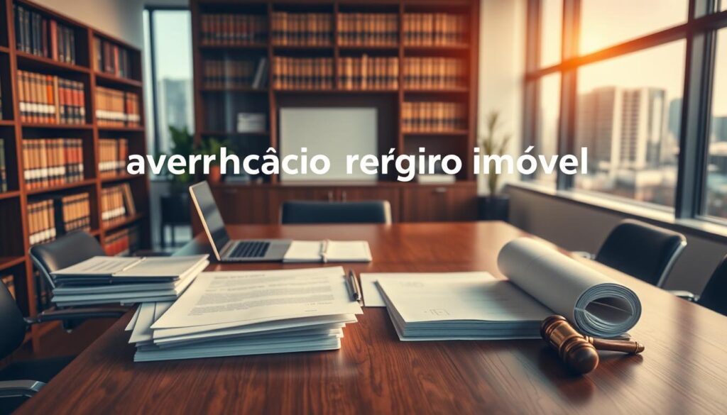A modern office interior with a large wooden desk, a laptop, and various legal documents prominently displayed. The lighting is warm and inviting, creating a sense of professionalism and attention to detail. In the background, a bookshelf filled with legal references and a window overlooking a cityscape, suggesting the importance of real estate transactions and legal matters. The composition emphasizes the central role of the "averbação registro imóvel" process, conveying a sense of authority and expertise within the legal field. A modern office interior with a large wooden desk, a laptop, and various legal documents prominently displayed. The lighting is warm and inviting, creating a sense of professionalism and attention to detail. In the background, a bookshelf filled with legal references and a window overlooking a cityscape, suggesting the importance of real estate transactions and legal matters. The composition emphasizes the central role of the "averbação registro imóvel" process, conveying a sense of authority and expertise within the legal field.