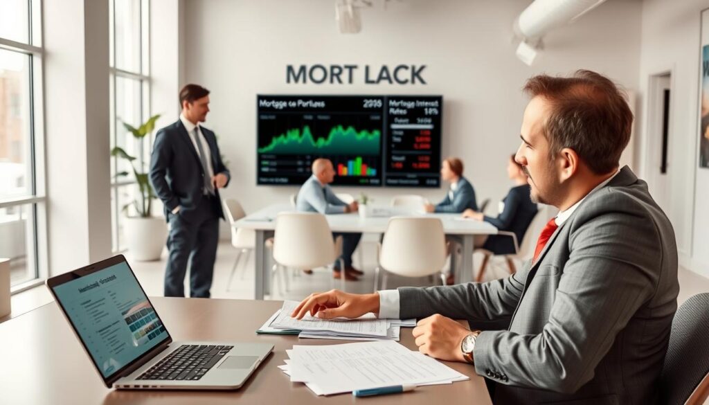 A modern office interior with an open floor plan, featuring large windows that let in natural light. In the foreground, a businessman sits at a desk, studying financial documents intently. On the desk, a laptop displays a mortgage calculator. The middle ground shows a team of financial advisors collaborating at a meeting table, discussing loan approval processes. In the background, a wall-mounted display presents real estate market data and mortgage interest rates. The overall atmosphere conveys a sense of professionalism, attention to detail, and the importance of thorough financial analysis in the home loan approval process. A modern office interior with an open floor plan, featuring large windows that let in natural light. In the foreground, a businessman sits at a desk, studying financial documents intently. On the desk, a laptop displays a mortgage calculator. The middle ground shows a team of financial advisors collaborating at a meeting table, discussing loan approval processes. In the background, a wall-mounted display presents real estate market data and mortgage interest rates. The overall atmosphere conveys a sense of professionalism, attention to detail, and the importance of thorough financial analysis in the home loan approval process.