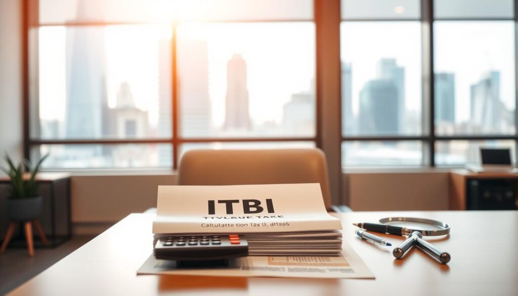 A modern office scene with a desk, chair, and computer setup. In the foreground, a stack of documents labeled "ITBI" sits prominently on the desk. The documents are accompanied by a calculator, a pen, and a magnifying glass, suggesting the process of calculating the ITBI tax. The middle ground features a large window overlooking a cityscape, hinting at the urban context. Warm, natural lighting streams in, creating a sense of professionalism and productivity. The background is slightly blurred, emphasizing the focus on the desk and the ITBI-related items. The overall mood is one of diligence and attention to detail, reflecting the importance of accurately calculating the ITBI tax. A modern office scene with a desk, chair, and computer setup. In the foreground, a stack of documents labeled "ITBI" sits prominently on the desk. The documents are accompanied by a calculator, a pen, and a magnifying glass, suggesting the process of calculating the ITBI tax. The middle ground features a large window overlooking a cityscape, hinting at the urban context. Warm, natural lighting streams in, creating a sense of professionalism and productivity. The background is slightly blurred, emphasizing the focus on the desk and the ITBI-related items. The overall mood is one of diligence and attention to detail, reflecting the importance of accurately calculating the ITBI tax.