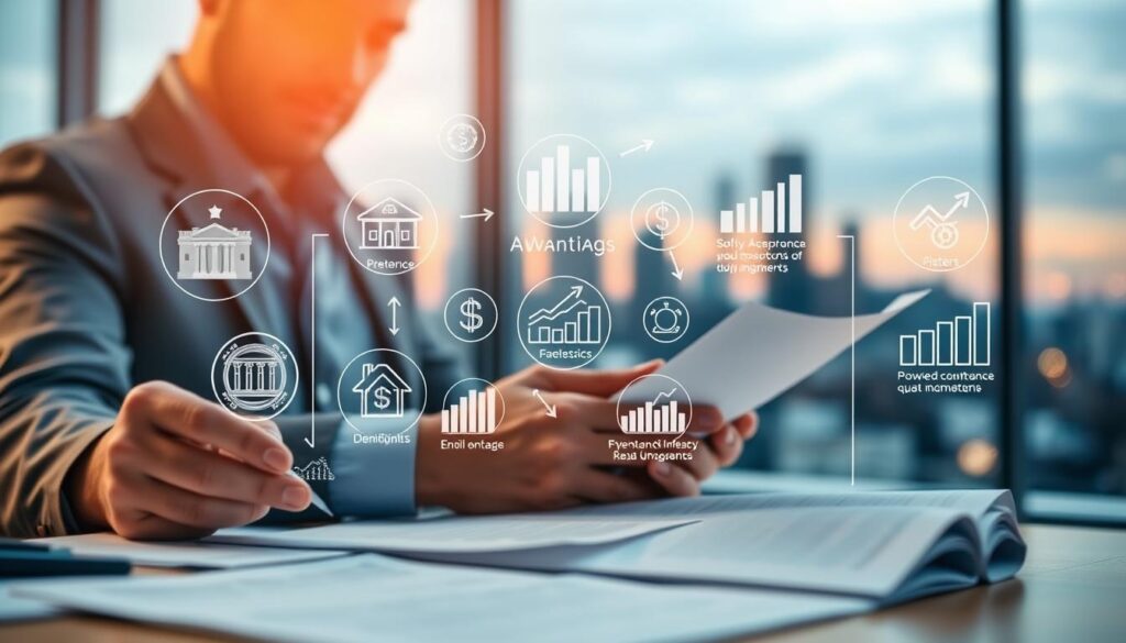 A modern, professional-looking image of financial benefits of installment payments for a property down payment. The foreground depicts a person carefully examining financial documents, conveying the thoughtful decision-making process. The middle ground shows various financial icons and graphs, illustrating the key advantages of installment payments. The background features a blurred city skyline, evoking the real estate context. The lighting is soft and warm, creating a sense of confidence and stability. The overall composition and color palette suggest a practical, informative, and visually appealing illustration for the given article section. A modern, professional-looking image of financial benefits of installment payments for a property down payment. The foreground depicts a person carefully examining financial documents, conveying the thoughtful decision-making process. The middle ground shows various financial icons and graphs, illustrating the key advantages of installment payments. The background features a blurred city skyline, evoking the real estate context. The lighting is soft and warm, creating a sense of confidence and stability. The overall composition and color palette suggest a practical, informative, and visually appealing illustration for the given article section.