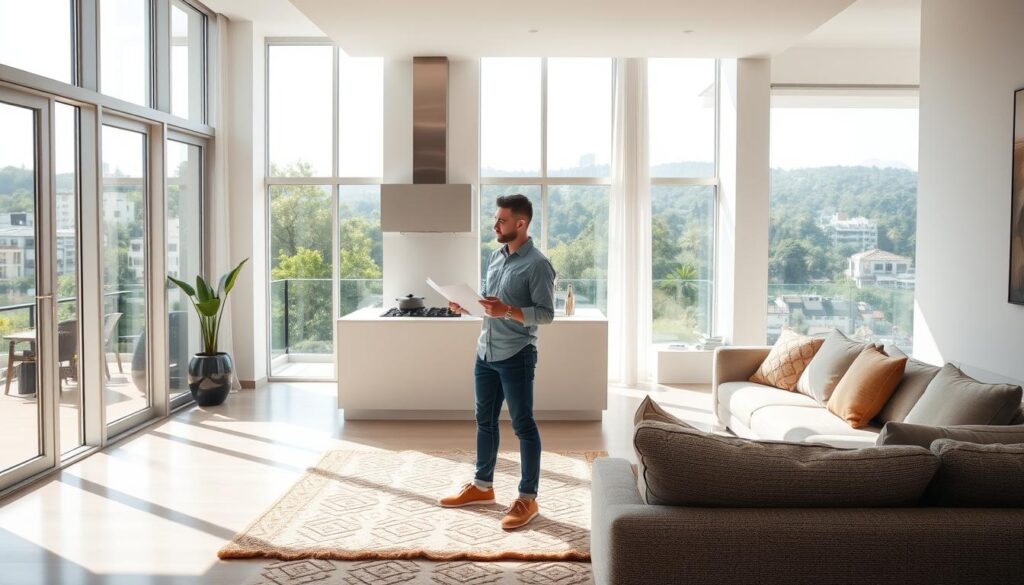 A modern residential building with a bright, airy interior, showcasing the use of FGTS (Fundo de Garantia do Tempo de Serviço) as part of the down payment. The scene depicts a well-lit living room, with large windows allowing natural light to flood the space. In the foreground, a young couple stands in the middle of the room, examining documents and discussing their financial options. The middle ground features a sleek, minimalist kitchen, while the background showcases a balcony overlooking a lush, verdant cityscape. The overall atmosphere is one of hope, progress, and financial empowerment, reflecting the possibilities of using FGTS to secure a new home. A modern residential building with a bright, airy interior, showcasing the use of FGTS (Fundo de Garantia do Tempo de Serviço) as part of the down payment. The scene depicts a well-lit living room, with large windows allowing natural light to flood the space. In the foreground, a young couple stands in the middle of the room, examining documents and discussing their financial options. The middle ground features a sleek, minimalist kitchen, while the background showcases a balcony overlooking a lush, verdant cityscape. The overall atmosphere is one of hope, progress, and financial empowerment, reflecting the possibilities of using FGTS to secure a new home.