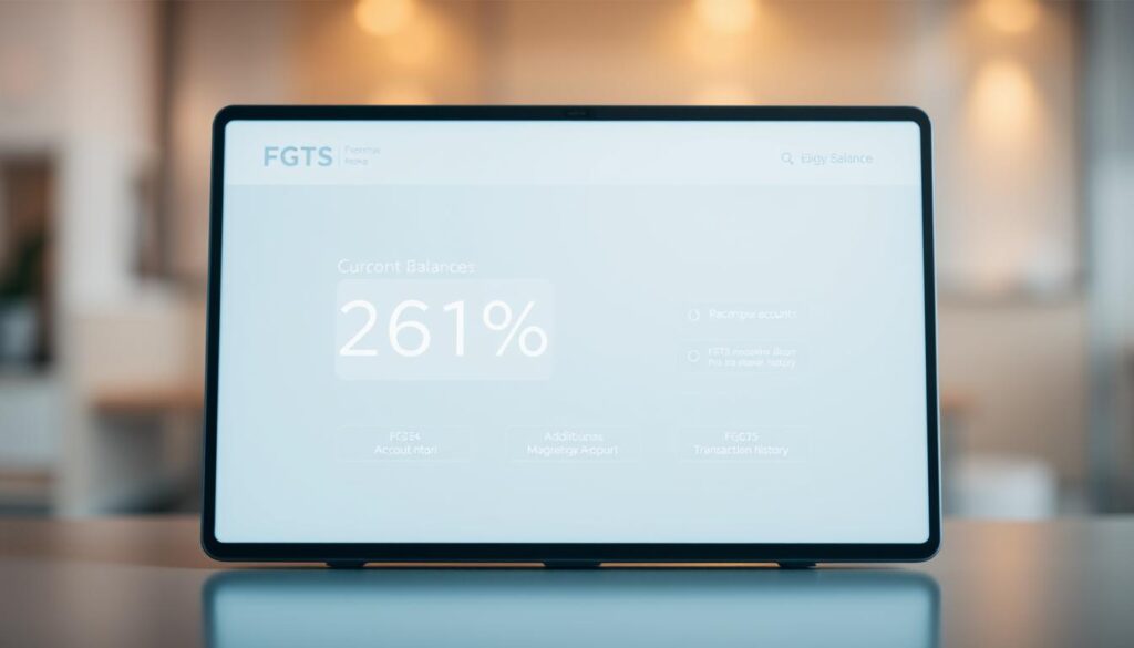 A modern, sleek digital interface depicting the FGTS (Fundo de Garantia do Tempo de Serviço) account balance. The foreground showcases a clean, minimalist design with a prominent display of the current FGTS balance. The middle ground features intuitive navigation options, allowing the user to easily access additional account details and transaction history. The background maintains a subtle, blurred gradient, creating a sense of depth and focus on the core information. Warm lighting illuminates the screen, conveying a sense of trust and reliability. The overall composition reflects the official, trustworthy nature of the FGTS system, guiding the user through the process of checking their account status. A modern, sleek digital interface depicting the FGTS (Fundo de Garantia do Tempo de Serviço) account balance. The foreground showcases a clean, minimalist design with a prominent display of the current FGTS balance. The middle ground features intuitive navigation options, allowing the user to easily access additional account details and transaction history. The background maintains a subtle, blurred gradient, creating a sense of depth and focus on the core information. Warm lighting illuminates the screen, conveying a sense of trust and reliability. The overall composition reflects the official, trustworthy nature of the FGTS system, guiding the user through the process of checking their account status.