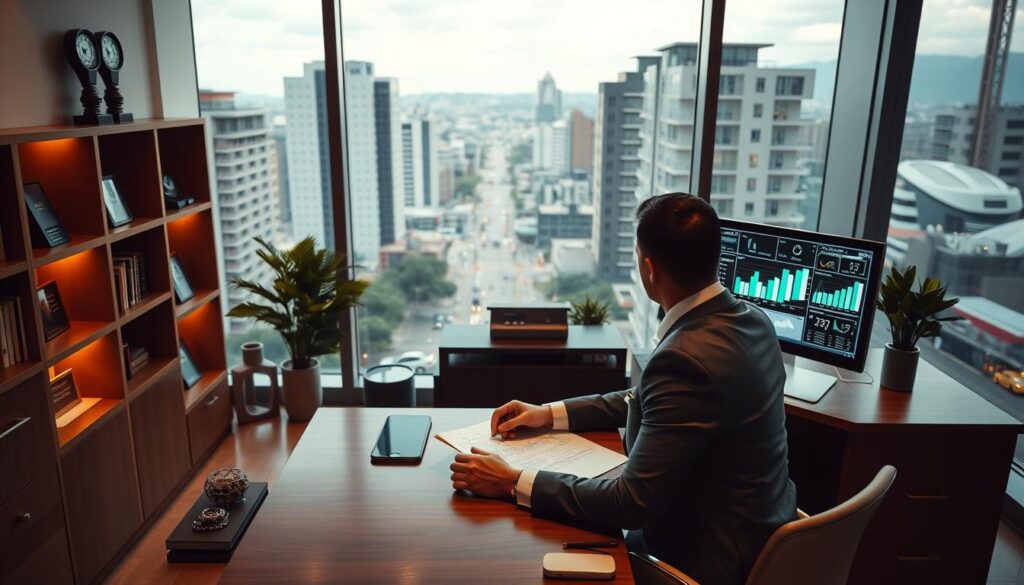 A modern, sleek financial planning office overlooking the vibrant city of Maringá. In the foreground, a businessman sits at a mahogany desk, reviewing financial documents and charts on a large touchscreen display. Warm, indirect lighting casts a professional glow, while the middle ground features shelves of financial books and awards. The background showcases the bustling streets of Maringá through floor-to-ceiling windows, creating a sense of urban connectivity. The overall scene conveys a thoughtful, strategic approach to real estate financing, reflecting the section's title "Planejamento inteligente para financiar imóvel em Maringá". A modern, sleek financial planning office overlooking the vibrant city of Maringá. In the foreground, a businessman sits at a mahogany desk, reviewing financial documents and charts on a large touchscreen display. Warm, indirect lighting casts a professional glow, while the middle ground features shelves of financial books and awards. The background showcases the bustling streets of Maringá through floor-to-ceiling windows, creating a sense of urban connectivity. The overall scene conveys a thoughtful, strategic approach to real estate financing, reflecting the section's title "Planejamento inteligente para financiar imóvel em Maringá".