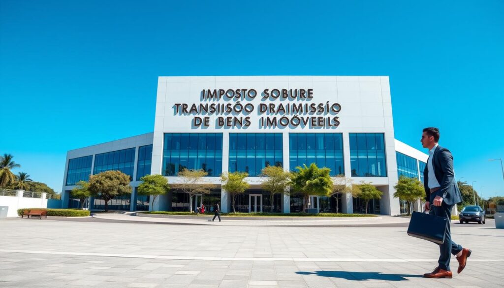 A modern, sleek office building set against a clear blue sky, its facade adorned with the intricate text "Imposto sobre Transmissão de Bens Imóveis". The structure's clean lines and glass windows convey a sense of professionalism and efficiency. In the foreground, a well-dressed businessman strides purposefully, briefcase in hand, symbolizing the financial transactions and property transfers associated with this real estate transfer tax. The middle ground features a neatly landscaped courtyard, with trees and benches, suggesting the broader context of urban development and real estate investments. The overall mood is one of authority, stability, and the orderly administration of a complex financial system. A modern, sleek office building set against a clear blue sky, its facade adorned with the intricate text "Imposto sobre Transmissão de Bens Imóveis". The structure's clean lines and glass windows convey a sense of professionalism and efficiency. In the foreground, a well-dressed businessman strides purposefully, briefcase in hand, symbolizing the financial transactions and property transfers associated with this real estate transfer tax. The middle ground features a neatly landscaped courtyard, with trees and benches, suggesting the broader context of urban development and real estate investments. The overall mood is one of authority, stability, and the orderly administration of a complex financial system.