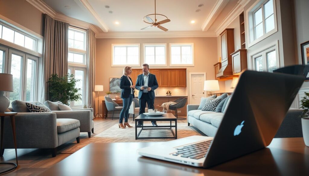 A modern, spacious, and well-lit interior of a residential property, showcasing a cozy living room with large windows, warm lighting, and tasteful furnishings. The room has a neutral color palette, with shades of beige, gray, and soft blue accents. In the foreground, a laptop or tablet device is prominently displayed, suggesting the digital aspect of the home financing process. The middle ground features a real estate agent or financial advisor, dressed professionally, engaged in a discussion with a prospective homebuyer. In the background, there are architectural details, such as high ceilings, crown moldings, and a well-appointed kitchen, conveying the high-quality and premium nature of the property. The overall atmosphere is one of comfort, sophistication, and financial security, reflecting the "100% financing" concept. A modern, spacious, and well-lit interior of a residential property, showcasing a cozy living room with large windows, warm lighting, and tasteful furnishings. The room has a neutral color palette, with shades of beige, gray, and soft blue accents. In the foreground, a laptop or tablet device is prominently displayed, suggesting the digital aspect of the home financing process. The middle ground features a real estate agent or financial advisor, dressed professionally, engaged in a discussion with a prospective homebuyer. In the background, there are architectural details, such as high ceilings, crown moldings, and a well-appointed kitchen, conveying the high-quality and premium nature of the property. The overall atmosphere is one of comfort, sophistication, and financial security, reflecting the "100% financing" concept.