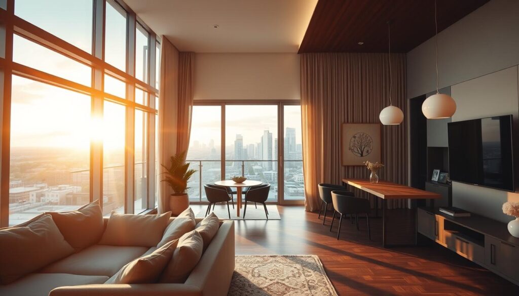 A modern, stylish apartment interior, flooded with warm, natural light from large windows. In the foreground, a cozy living room with plush furniture and minimalist decor. In the middle ground, a dining area with a sleek, wooden table and modern chairs. In the background, a balcony overlooking a vibrant, urban cityscape. The overall mood is one of comfort, relaxation, and financial security, reflecting the idea of "when home financing makes sense." A modern, stylish apartment interior, flooded with warm, natural light from large windows. In the foreground, a cozy living room with plush furniture and minimalist decor. In the middle ground, a dining area with a sleek, wooden table and modern chairs. In the background, a balcony overlooking a vibrant, urban cityscape. The overall mood is one of comfort, relaxation, and financial security, reflecting the idea of "when home financing makes sense."