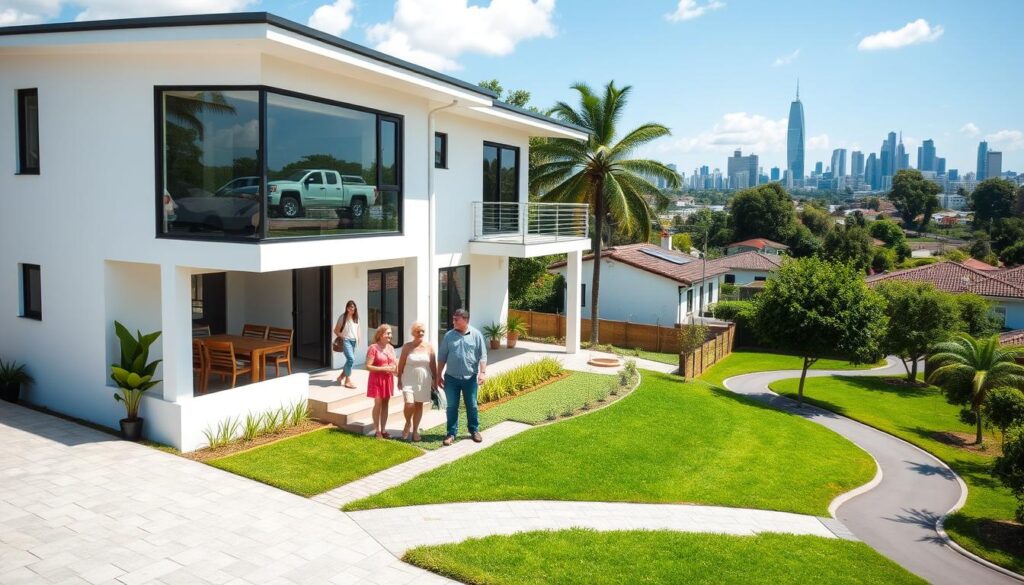 A modern, two-story house with a bright, airy exterior and a lush, well-manicured lawn. The house features a clean, minimalist design with large windows that allow natural light to flood the interior. In the foreground, a family gathers on the front porch, smiling and engaged in conversation, conveying a sense of contentment and community. The middle ground showcases a well-maintained neighborhood, with neatly landscaped gardens and a winding, tree-lined street. In the background, a vibrant, urban skyline provides a backdrop, hinting at the larger context of the Minha Casa Minha Vida housing program. The overall scene exudes a warm, inviting atmosphere, reflecting the benefits and impact of the subsidy program on people's lives. A modern, two-story house with a bright, airy exterior and a lush, well-manicured lawn. The house features a clean, minimalist design with large windows that allow natural light to flood the interior. In the foreground, a family gathers on the front porch, smiling and engaged in conversation, conveying a sense of contentment and community. The middle ground showcases a well-maintained neighborhood, with neatly landscaped gardens and a winding, tree-lined street. In the background, a vibrant, urban skyline provides a backdrop, hinting at the larger context of the Minha Casa Minha Vida housing program. The overall scene exudes a warm, inviting atmosphere, reflecting the benefits and impact of the subsidy program on people's lives.