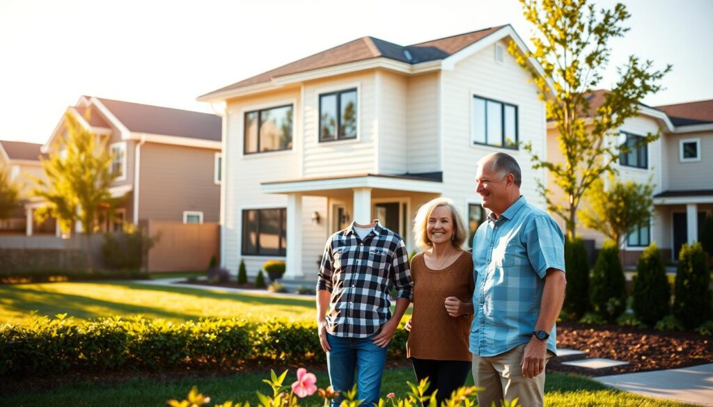 A modern two-story house with a well-manicured lawn and a lush garden in the foreground. In the middle ground, a middle-aged couple, a man and a woman, stand in front of the house, smiling contentedly as they gaze at their new home. The background features a vibrant, sun-dappled street lined with similar homes, conveying a sense of a thriving, family-oriented neighborhood. The lighting is warm and golden, creating a serene, inviting atmosphere that reflects the joy and satisfaction of realizing the dream of homeownership. A modern two-story house with a well-manicured lawn and a lush garden in the foreground. In the middle ground, a middle-aged couple, a man and a woman, stand in front of the house, smiling contentedly as they gaze at their new home. The background features a vibrant, sun-dappled street lined with similar homes, conveying a sense of a thriving, family-oriented neighborhood. The lighting is warm and golden, creating a serene, inviting atmosphere that reflects the joy and satisfaction of realizing the dream of homeownership.