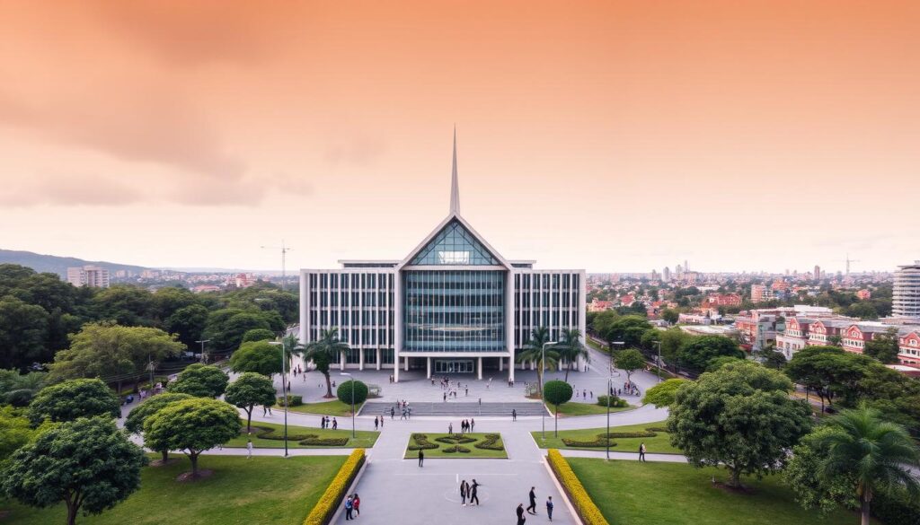 A modern university campus set against a backdrop of lush greenery and vibrant cityscape. The focal point is the iconic zona 07 building of the Universidade Estadual de Maringá, its sleek, angular architecture rising majestically amidst the verdant surroundings. The foreground features well-manicured pathways dotted with students and visitors, conveying a sense of intellectual dynamism and community. Overhead, a warm, diffused lighting casts a serene glow, highlighting the harmony between the built and natural environments. In the distance, the bustling streets of Maringá's urban center can be glimpsed, suggesting the ideal balance between academic life and the city's vibrant amenities. A modern university campus set against a backdrop of lush greenery and vibrant cityscape. The focal point is the iconic zona 07 building of the Universidade Estadual de Maringá, its sleek, angular architecture rising majestically amidst the verdant surroundings. The foreground features well-manicured pathways dotted with students and visitors, conveying a sense of intellectual dynamism and community. Overhead, a warm, diffused lighting casts a serene glow, highlighting the harmony between the built and natural environments. In the distance, the bustling streets of Maringá's urban center can be glimpsed, suggesting the ideal balance between academic life and the city's vibrant amenities.