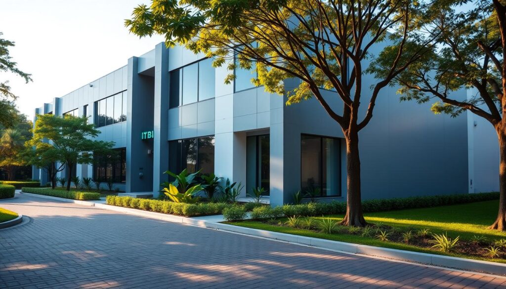 A modern, well-designed building with a sleek, minimalist facade in shades of gray and white. The structure has clean lines, large windows, and a prominent entrance. The surrounding landscape features lush greenery, neatly manicured gardens, and a paved driveway leading to the building. The scene is bathed in warm, natural lighting, creating a welcoming and professional atmosphere. The overall impression is one of efficiency, organization, and a focus on functionality. This image represents the ITBI (Imposto sobre Transmissão de Bens Imóveis) office in Maringá, a vibrant city in Brazil, where residents can learn about and navigate the process of real estate transactions. A modern, well-designed building with a sleek, minimalist facade in shades of gray and white. The structure has clean lines, large windows, and a prominent entrance. The surrounding landscape features lush greenery, neatly manicured gardens, and a paved driveway leading to the building. The scene is bathed in warm, natural lighting, creating a welcoming and professional atmosphere. The overall impression is one of efficiency, organization, and a focus on functionality. This image represents the ITBI (Imposto sobre Transmissão de Bens Imóveis) office in Maringá, a vibrant city in Brazil, where residents can learn about and navigate the process of real estate transactions.