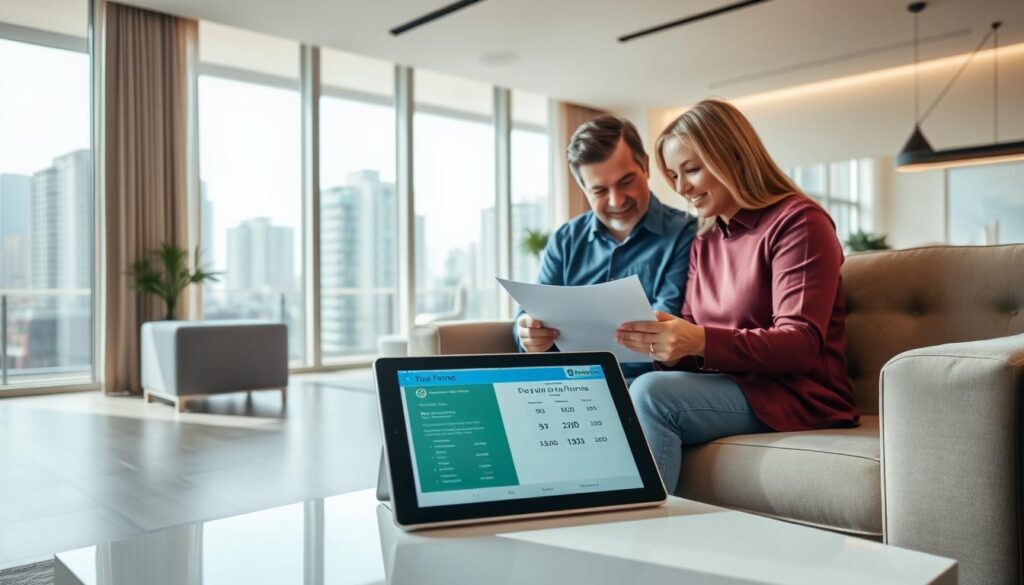A modern, well-lit apartment interior with abundant natural light streaming through large windows. In the foreground, a middle-aged couple sits on a plush couch, reviewing documents and discussing the purchase of their new home. On the coffee table, a tablet displays financial information related to using their FGTS (Fundo de Garantia do Tempo de Serviço) fund for the down payment. The mid-ground features minimalist yet stylish furniture and decor, creating a comfortable, aspirational living space. In the background, a cityscape of high-rise buildings can be seen through the windows, suggesting an urban setting. The overall mood is one of contentment, financial security, and the realization of a significant life goal. A modern, well-lit apartment interior with abundant natural light streaming through large windows. In the foreground, a middle-aged couple sits on a plush couch, reviewing documents and discussing the purchase of their new home. On the coffee table, a tablet displays financial information related to using their FGTS (Fundo de Garantia do Tempo de Serviço) fund for the down payment. The mid-ground features minimalist yet stylish furniture and decor, creating a comfortable, aspirational living space. In the background, a cityscape of high-rise buildings can be seen through the windows, suggesting an urban setting. The overall mood is one of contentment, financial security, and the realization of a significant life goal.