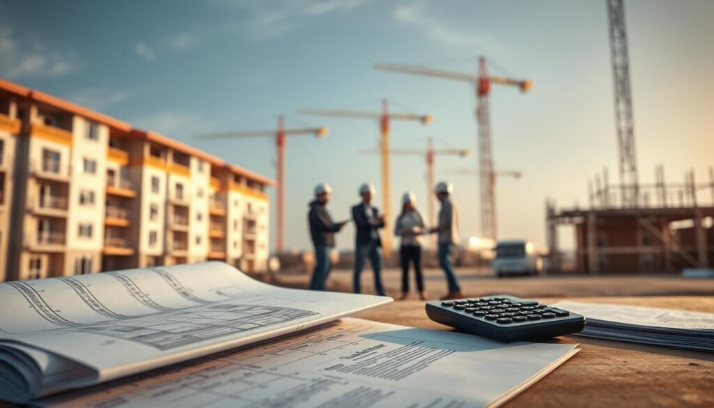 A modern, well-lit construction site with a focus on the financing and planning aspects. In the foreground, a blueprint or architectural rendering of a residential building, along with stacks of documents and a calculator. In the middle ground, a group of construction workers and engineers discussing plans, with cranes and scaffolding in the background. The overall scene conveys a sense of progress, organization, and careful financial planning, reflecting the process of using FGTS funds to purchase land and construct a new home. A modern, well-lit construction site with a focus on the financing and planning aspects. In the foreground, a blueprint or architectural rendering of a residential building, along with stacks of documents and a calculator. In the middle ground, a group of construction workers and engineers discussing plans, with cranes and scaffolding in the background. The overall scene conveys a sense of progress, organization, and careful financial planning, reflecting the process of using FGTS funds to purchase land and construct a new home.
