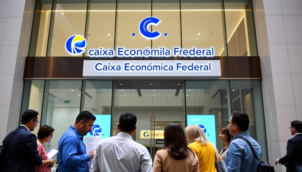 A modern, well-lit headquarters of the Caixa Econômica Federal bank, with a prominent facade featuring the institution's logo and branding. The building has a sleek, contemporary design with large glass windows and clean architectural lines. In the foreground, a group of people are gathered, discussing financial documents and interacting with bank representatives, representing the bank's role in providing housing loans through the Minha Casa Minha Vida program. The scene conveys a sense of professionalism, efficiency, and the bank's commitment to supporting homeownership and affordable housing initiatives. A modern, well-lit headquarters of the Caixa Econômica Federal bank, with a prominent facade featuring the institution's logo and branding. The building has a sleek, contemporary design with large glass windows and clean architectural lines. In the foreground, a group of people are gathered, discussing financial documents and interacting with bank representatives, representing the bank's role in providing housing loans through the Minha Casa Minha Vida program. The scene conveys a sense of professionalism, efficiency, and the bank's commitment to supporting homeownership and affordable housing initiatives.