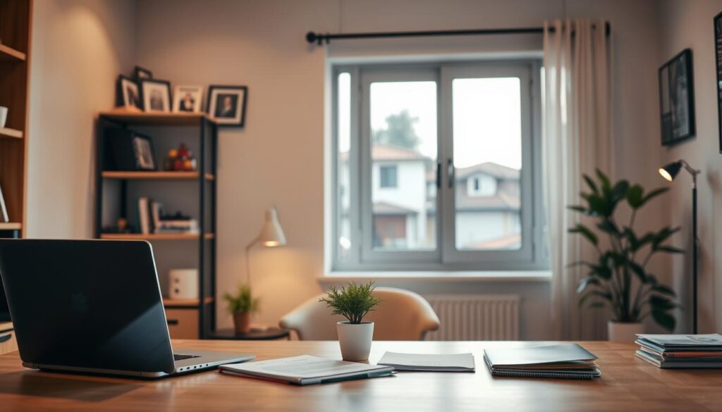 A modern, well-lit interior of a cozy home office. In the foreground, a neatly organized desk with a laptop, documents, and a small potted plant. On the wall behind the desk, shelves displaying various personal items and framed photographs. Warm, diffused lighting illuminates the space, creating a welcoming and productive atmosphere. Through a window in the background, a glimpse of a residential neighborhood can be seen, suggesting the comfort and security of a home environment. The overall scene conveys a sense of organization, efficiency, and the ability to manage personal finances, including the use of the FGTS (Fundo de Garantia do Tempo de Serviço) for the purchase of a property. A modern, well-lit interior of a cozy home office. In the foreground, a neatly organized desk with a laptop, documents, and a small potted plant. On the wall behind the desk, shelves displaying various personal items and framed photographs. Warm, diffused lighting illuminates the space, creating a welcoming and productive atmosphere. Through a window in the background, a glimpse of a residential neighborhood can be seen, suggesting the comfort and security of a home environment. The overall scene conveys a sense of organization, efficiency, and the ability to manage personal finances, including the use of the FGTS (Fundo de Garantia do Tempo de Serviço) for the purchase of a property.