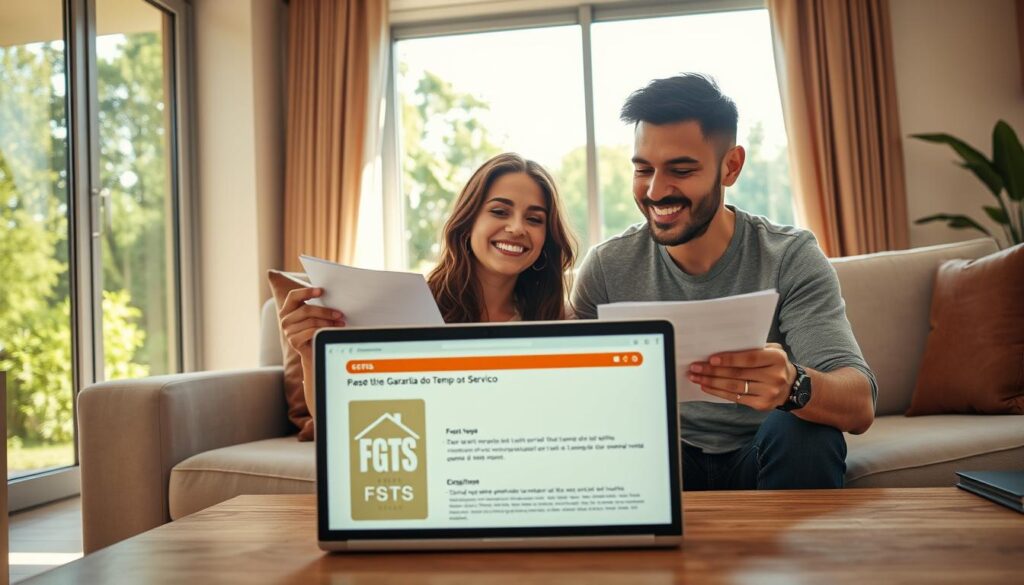 A modern, well-lit interior of a cozy living room, showcasing a young couple excitedly reviewing financial documents and smiling as they contemplate the prospect of purchasing their first home. The room is bathed in warm, natural light, with large windows overlooking a lush, green landscape outside. On the coffee table, an open laptop displays information about the FGTS (Fundo de Garantia do Tempo de Serviço), a Brazilian government program that provides financial assistance for home ownership. The couple's body language and expressions convey a sense of hope, optimism, and financial empowerment as they navigate the process of realizing their dream of homeownership. A modern, well-lit interior of a cozy living room, showcasing a young couple excitedly reviewing financial documents and smiling as they contemplate the prospect of purchasing their first home. The room is bathed in warm, natural light, with large windows overlooking a lush, green landscape outside. On the coffee table, an open laptop displays information about the FGTS (Fundo de Garantia do Tempo de Serviço), a Brazilian government program that provides financial assistance for home ownership. The couple's body language and expressions convey a sense of hope, optimism, and financial empowerment as they navigate the process of realizing their dream of homeownership.