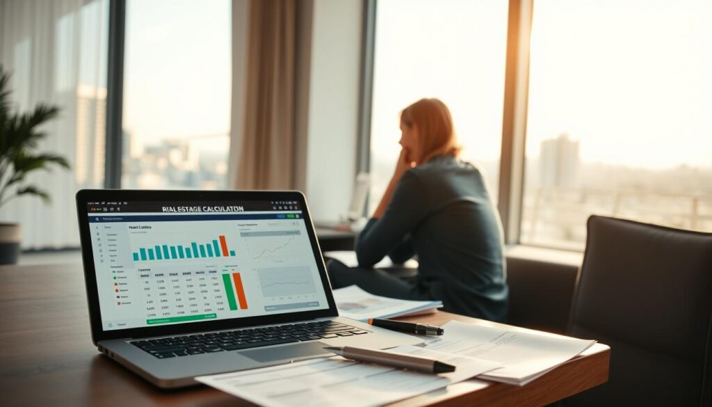 A modern, well-lit interior scene depicting a real estate financial planning concept. In the foreground, a laptop displaying a mortgage calculator application, surrounded by financial documents and a pen. In the middle ground, a couple sitting at a table, engaged in a serious discussion, with charts and graphs visible on the screen behind them. The background features a large window overlooking a cityscape, with the sun casting warm, natural light into the room. The overall mood is one of careful consideration, as the couple navigates the intricacies of real estate financing in Brazil. A modern, well-lit interior scene depicting a real estate financial planning concept. In the foreground, a laptop displaying a mortgage calculator application, surrounded by financial documents and a pen. In the middle ground, a couple sitting at a table, engaged in a serious discussion, with charts and graphs visible on the screen behind them. The background features a large window overlooking a cityscape, with the sun casting warm, natural light into the room. The overall mood is one of careful consideration, as the couple navigates the intricacies of real estate financing in Brazil.