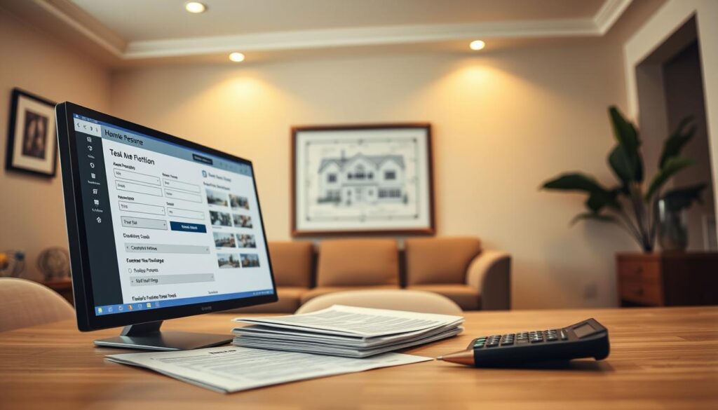 A modern, well-lit interior space showcasing the key components of a real estate mortgage. In the foreground, a desktop computer displays a digital mortgage application interface, with form fields and drop-down menus. On the desktop, a stack of documents, a calculator, and a pen symbolize the paperwork involved in the process. In the middle ground, a framed house blueprint or architectural drawing hangs on the wall, representing the property being financed. The background features warm, neutral tones with subtle wall decor, conveying a sense of professionalism and financial security associated with a home loan. Soft, directional lighting creates depth and highlights the details. The overall composition and atmosphere evoke the concept of "real estate financing" in a visually compelling way. A modern, well-lit interior space showcasing the key components of a real estate mortgage. In the foreground, a desktop computer displays a digital mortgage application interface, with form fields and drop-down menus. On the desktop, a stack of documents, a calculator, and a pen symbolize the paperwork involved in the process. In the middle ground, a framed house blueprint or architectural drawing hangs on the wall, representing the property being financed. The background features warm, neutral tones with subtle wall decor, conveying a sense of professionalism and financial security associated with a home loan. Soft, directional lighting creates depth and highlights the details. The overall composition and atmosphere evoke the concept of "real estate financing" in a visually compelling way.